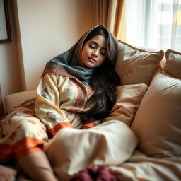 A serene and comfortable scene featuring a young Indian Muslim woman resting in bed, dressed in elegant ethnic pajamas, with colorful patterns