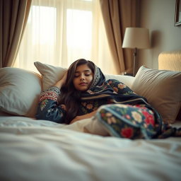 A serene and comfortable scene featuring a young Indian Muslim woman resting in bed, dressed in elegant ethnic pajamas, with colorful patterns