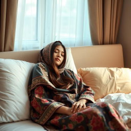 A serene and comfortable scene featuring a young Indian Muslim woman resting in bed, dressed in elegant ethnic pajamas, with colorful patterns