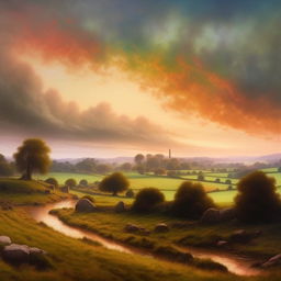 Amplify the idyllic English countryside painting to have more vibrant and exciting colors, while retaining the style of John William North.