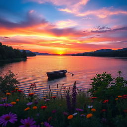 A serene landscape featuring a picturesque sunset over a tranquil lake, surrounded by lush green trees and colorful wildflowers in the foreground