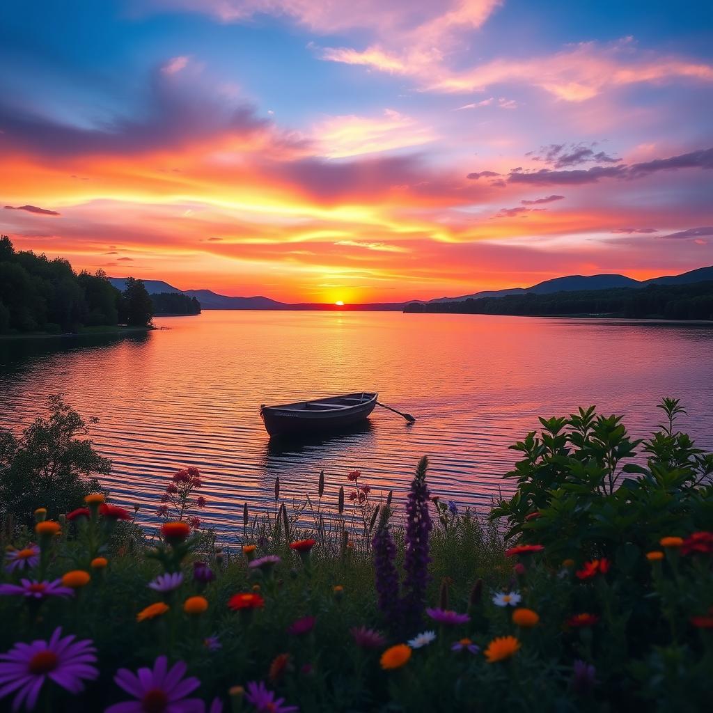 A serene landscape featuring a picturesque sunset over a tranquil lake, surrounded by lush green trees and colorful wildflowers in the foreground