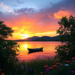 A serene landscape featuring a picturesque sunset over a tranquil lake, surrounded by lush green trees and colorful wildflowers in the foreground