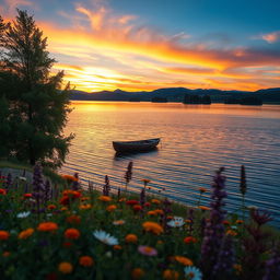 A serene landscape featuring a picturesque sunset over a tranquil lake, surrounded by lush green trees and colorful wildflowers in the foreground