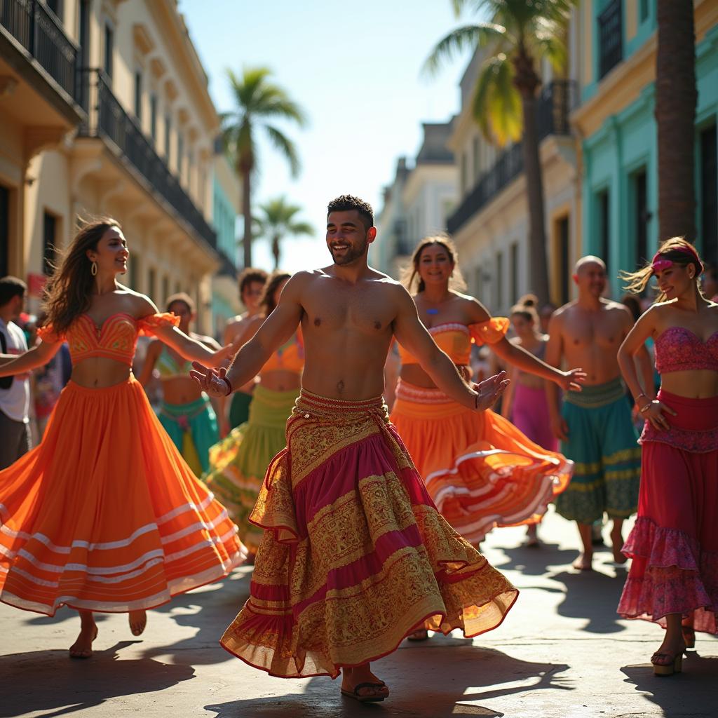 A vibrant scene showcasing a group of Cuban street dancers performing in a lively urban environment
