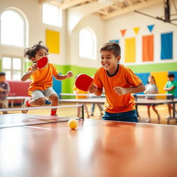 A vibrant and energetic scene of children playing table tennis in a bright, colorful gymnasium