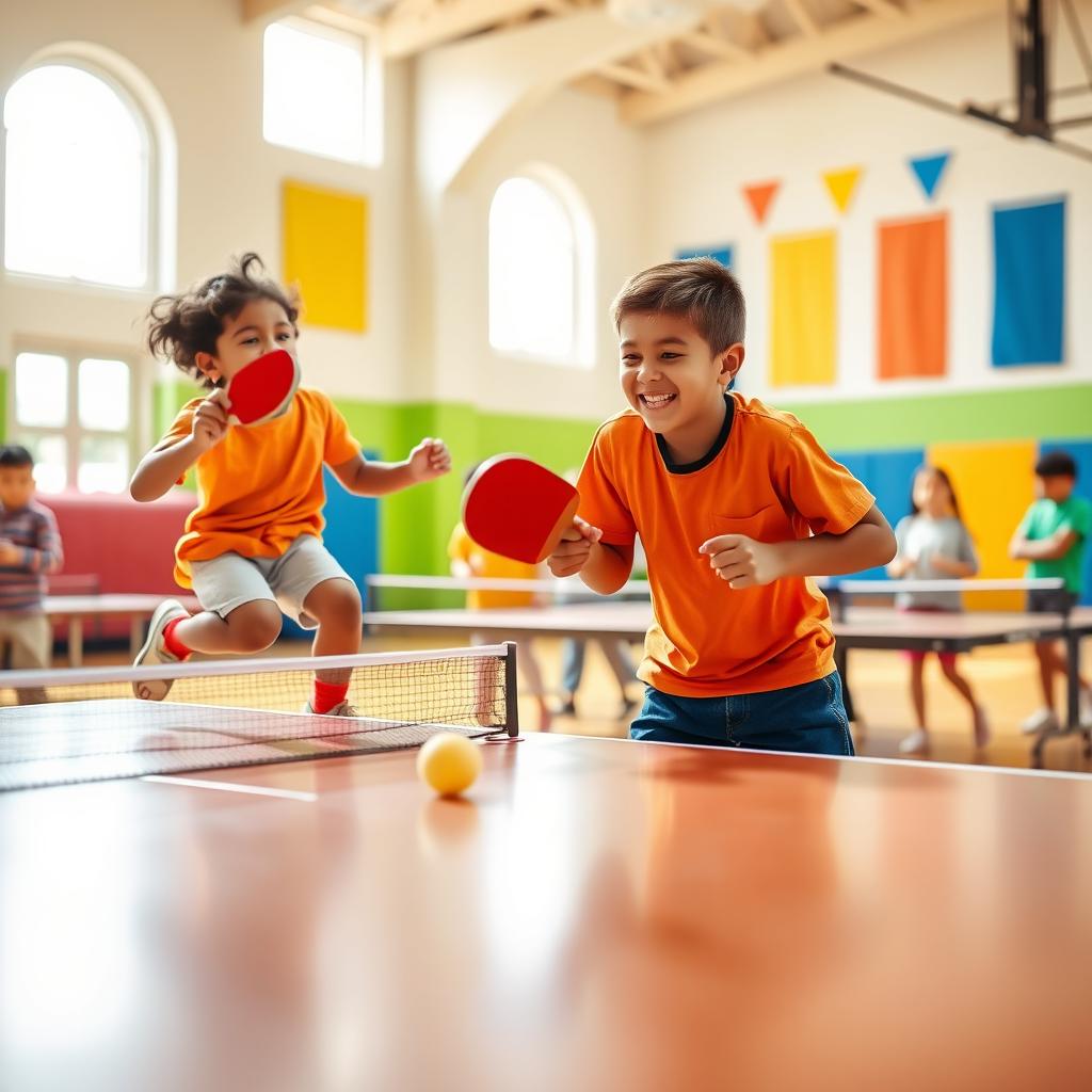 A vibrant and energetic scene of children playing table tennis in a bright, colorful gymnasium