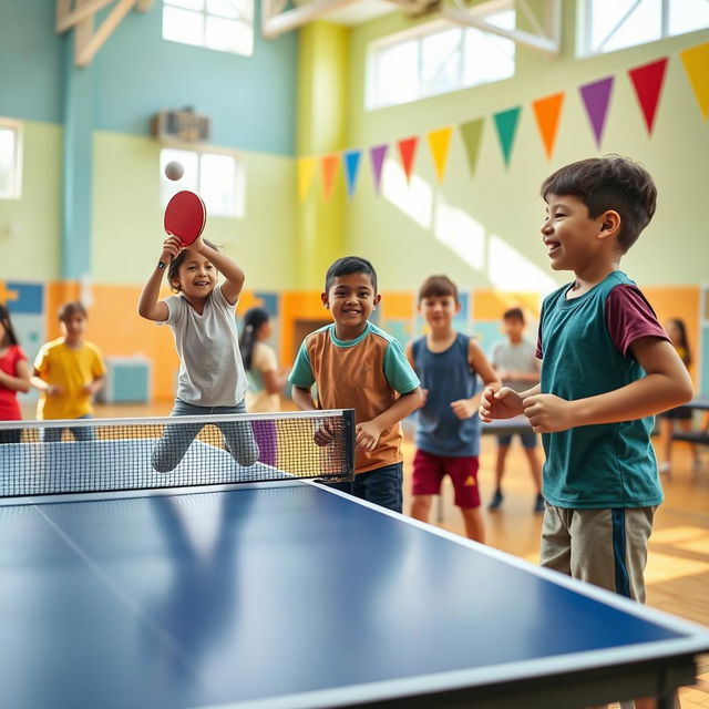 A vibrant and energetic scene of children playing table tennis in a bright, colorful gymnasium