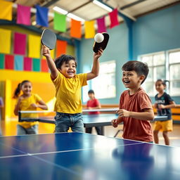 A vibrant and energetic scene of children playing table tennis in a bright, colorful gymnasium