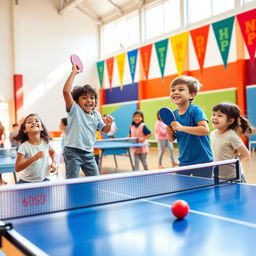 A vibrant and energetic scene of children playing table tennis in a bright, colorful gymnasium