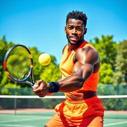 A strong, athletic black man confidently hitting a tennis ball with a powerful swing