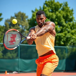 A strong, athletic black man confidently hitting a tennis ball with a powerful swing