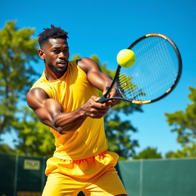 A strong, athletic black man confidently hitting a tennis ball with a powerful swing