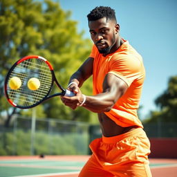 A strong, athletic black man confidently hitting a tennis ball with a powerful swing