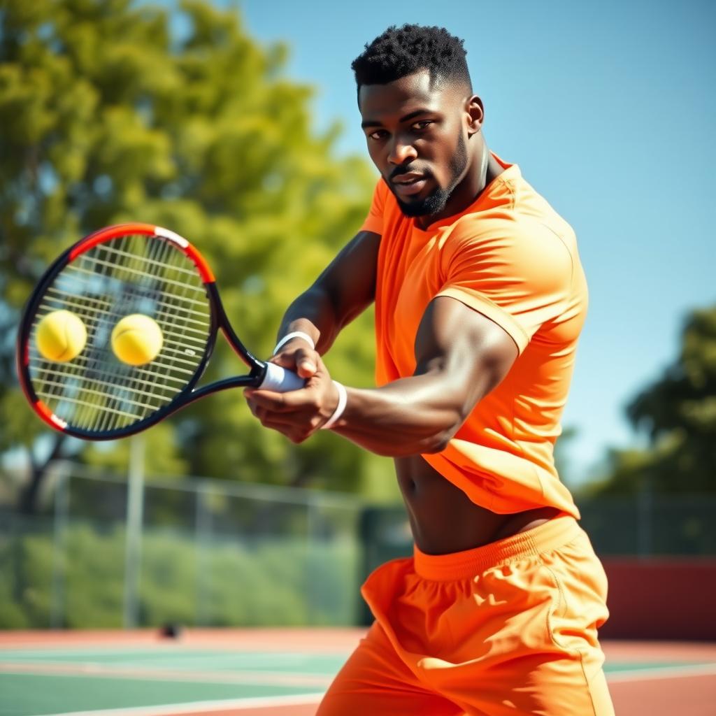 A strong, athletic black man confidently hitting a tennis ball with a powerful swing