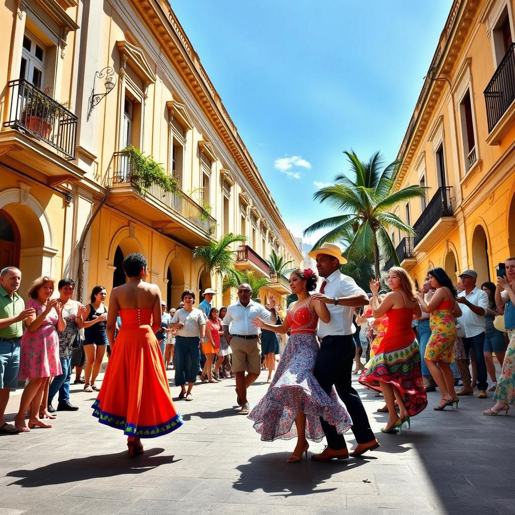 A vibrant scene of Cuban street dancers performing in a lively urban setting