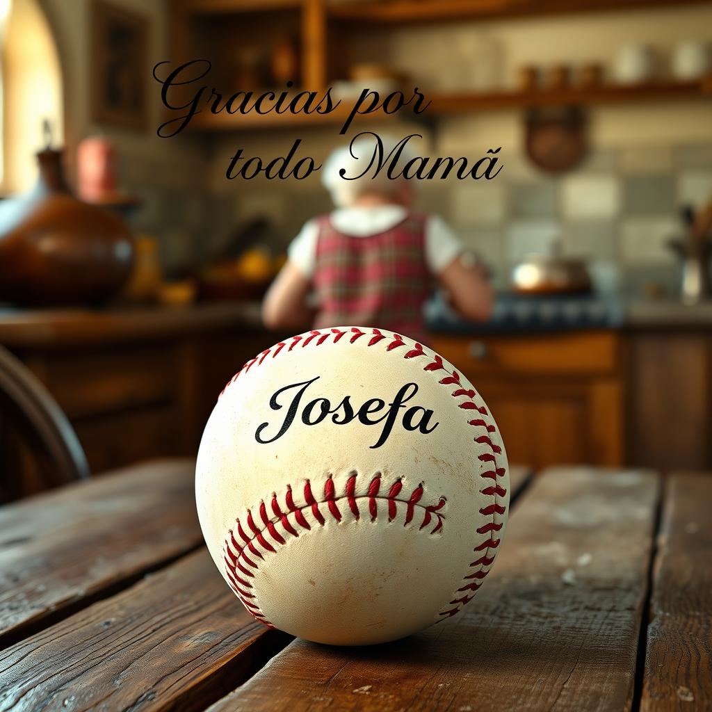 A baseball with the name 'Josefa' engraved in the center, placed on a rustic wooden table in a countryside setting