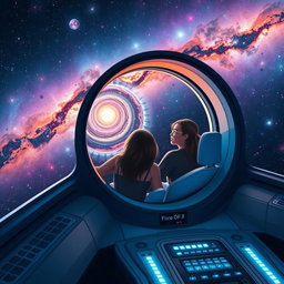 A breathtaking scene depicting two friends traveling from planet Earth to the Milky Way galaxy in a sleek, futuristic spaceship designed like a zero (0)