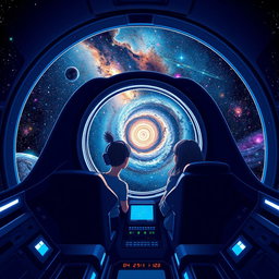 A breathtaking scene depicting two friends traveling from planet Earth to the Milky Way galaxy in a sleek, futuristic spaceship designed like a zero (0)