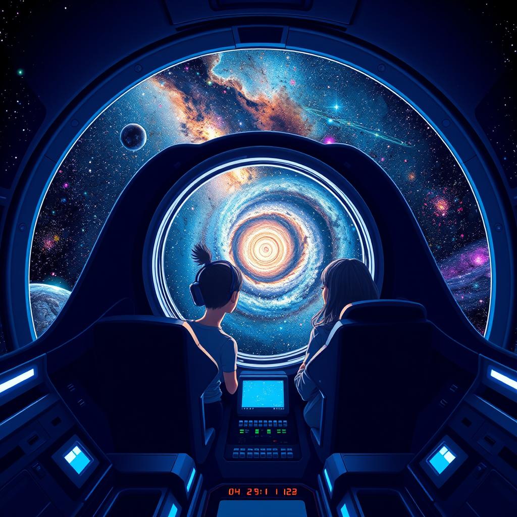 A breathtaking scene depicting two friends traveling from planet Earth to the Milky Way galaxy in a sleek, futuristic spaceship designed like a zero (0)