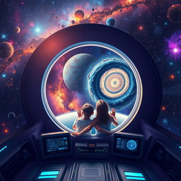 A breathtaking scene depicting two friends traveling from planet Earth to the Milky Way galaxy in a sleek, futuristic spaceship designed like a zero (0)