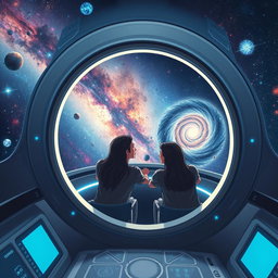 A breathtaking scene depicting two friends traveling from planet Earth to the Milky Way galaxy in a sleek, futuristic spaceship designed like a zero (0)