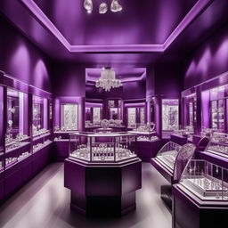 A luxurious jewellery shop in shades of purple occupying a 25 feet by 10 feet area, replete with detailed jewel cases under soft, elegant light.