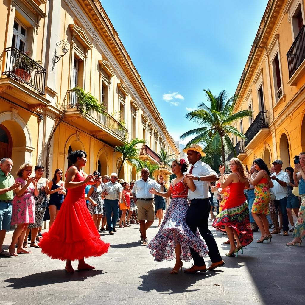 A vibrant street scene in Cuba, filled with dancers showcasing traditional Cuban dance in colorful attire