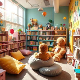 A vibrant and colorful children's archive or library room filled with playful decor, soft cushions, and shelves overflowing with whimsical storybooks and toys