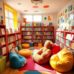 A vibrant and colorful children's archive or library room filled with playful decor, soft cushions, and shelves overflowing with whimsical storybooks and toys