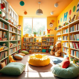 A vibrant and colorful children's archive or library room filled with playful decor, soft cushions, and shelves overflowing with whimsical storybooks and toys