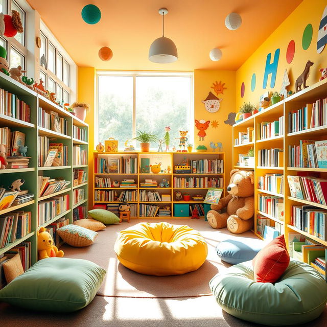 A vibrant and colorful children's archive or library room filled with playful decor, soft cushions, and shelves overflowing with whimsical storybooks and toys