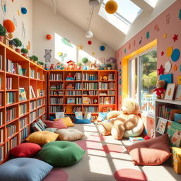 A vibrant and colorful children's archive or library room filled with playful decor, soft cushions, and shelves overflowing with whimsical storybooks and toys
