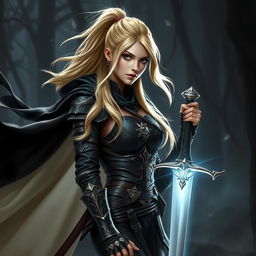 A striking Dungeons and Dragons scene featuring a human female character with long, flowing blonde hair styled in a sleek ponytail
