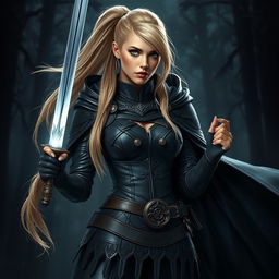 A striking Dungeons and Dragons scene featuring a human female character with long, flowing blonde hair styled in a sleek ponytail