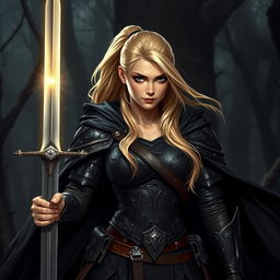 A striking Dungeons and Dragons scene featuring a human female character with long, flowing blonde hair styled in a sleek ponytail