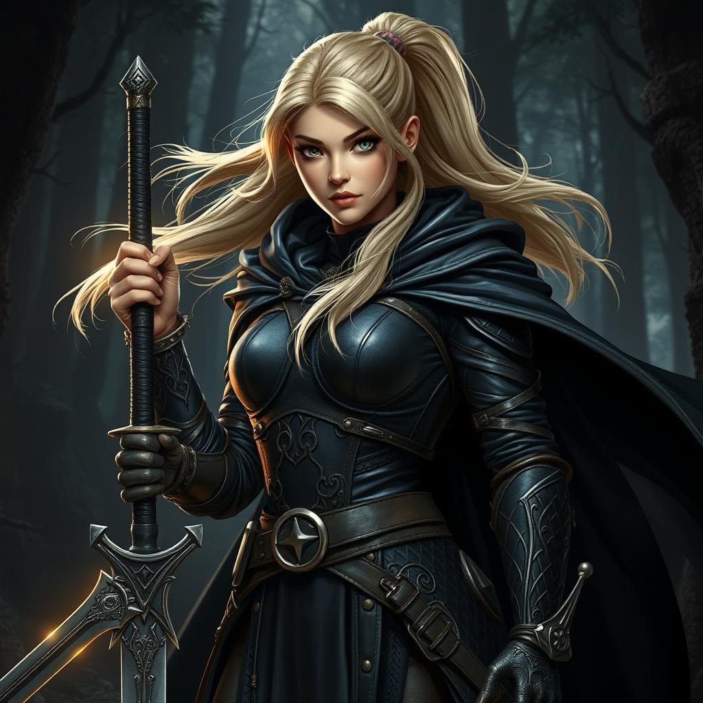 A striking Dungeons and Dragons scene featuring a human female character with long, flowing blonde hair styled in a sleek ponytail