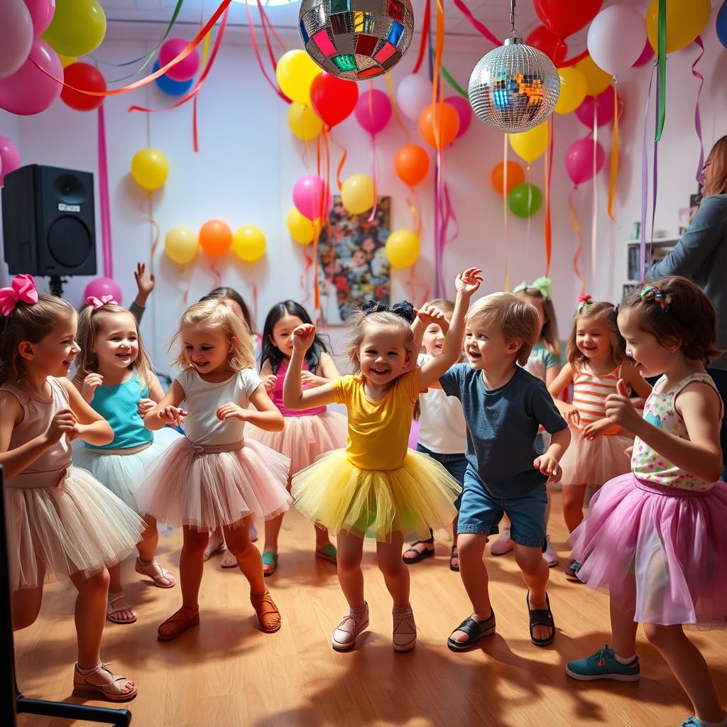 A lively scene of children joyfully dancing in a brightly decorated room, filled with balloons and streamers