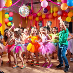 A lively scene of children joyfully dancing in a brightly decorated room, filled with balloons and streamers