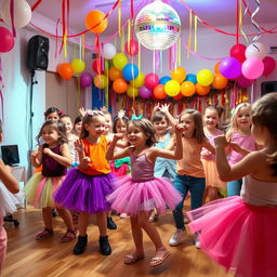 A lively scene of children joyfully dancing in a brightly decorated room, filled with balloons and streamers