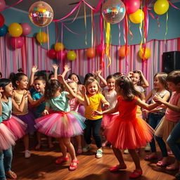 A lively scene of children joyfully dancing in a brightly decorated room, filled with balloons and streamers