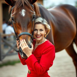 A beautiful 60-year-old woman dressed in an elegant red outfit stands front-facing, looking directly at the camera with a provocative expression