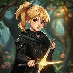 A captivating Dungeons and Dragons illustration featuring a young human female character with bright blonde hair styled in a graceful ponytail