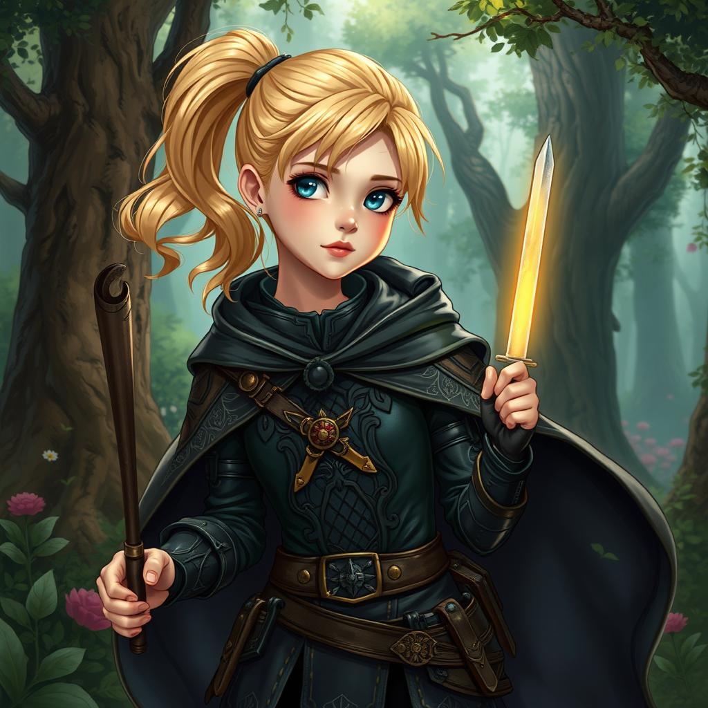 A captivating Dungeons and Dragons illustration featuring a young human female character with bright blonde hair styled in a graceful ponytail