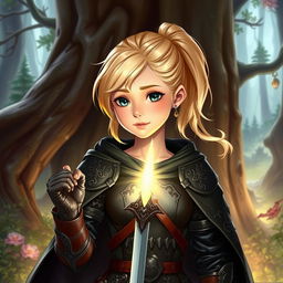 A captivating Dungeons and Dragons illustration featuring a young human female character with bright blonde hair styled in a graceful ponytail