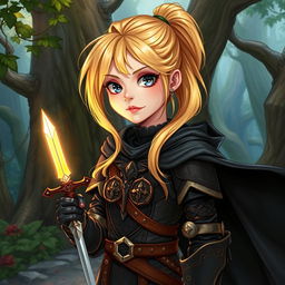 A captivating Dungeons and Dragons illustration featuring a young human female character with bright blonde hair styled in a graceful ponytail