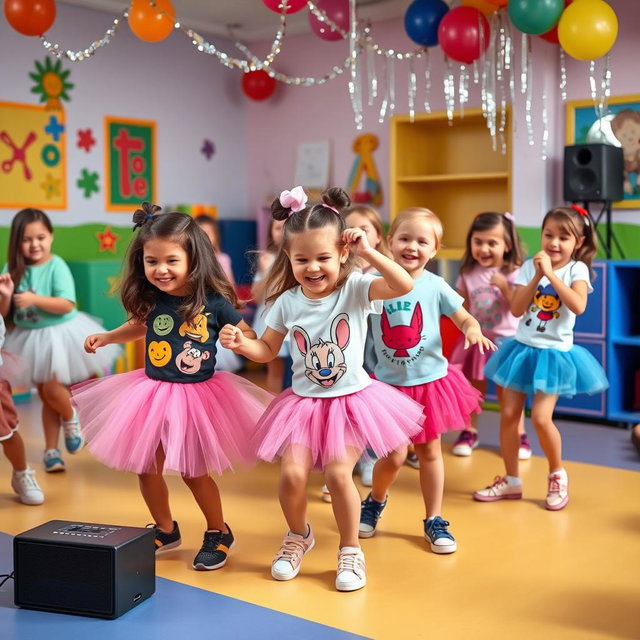 A joyful scene of young children, around the ages of 5 to 7, dancing energetically in a bright and colorful playroom