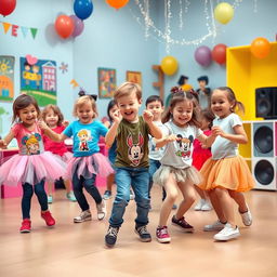 A joyful scene of young children, around the ages of 5 to 7, dancing energetically in a bright and colorful playroom