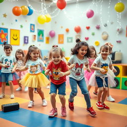 A joyful scene of young children, around the ages of 5 to 7, dancing energetically in a bright and colorful playroom