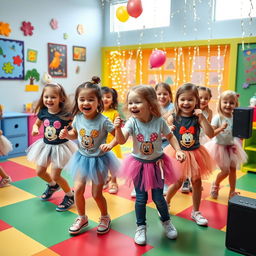 A joyful scene of young children, around the ages of 5 to 7, dancing energetically in a bright and colorful playroom